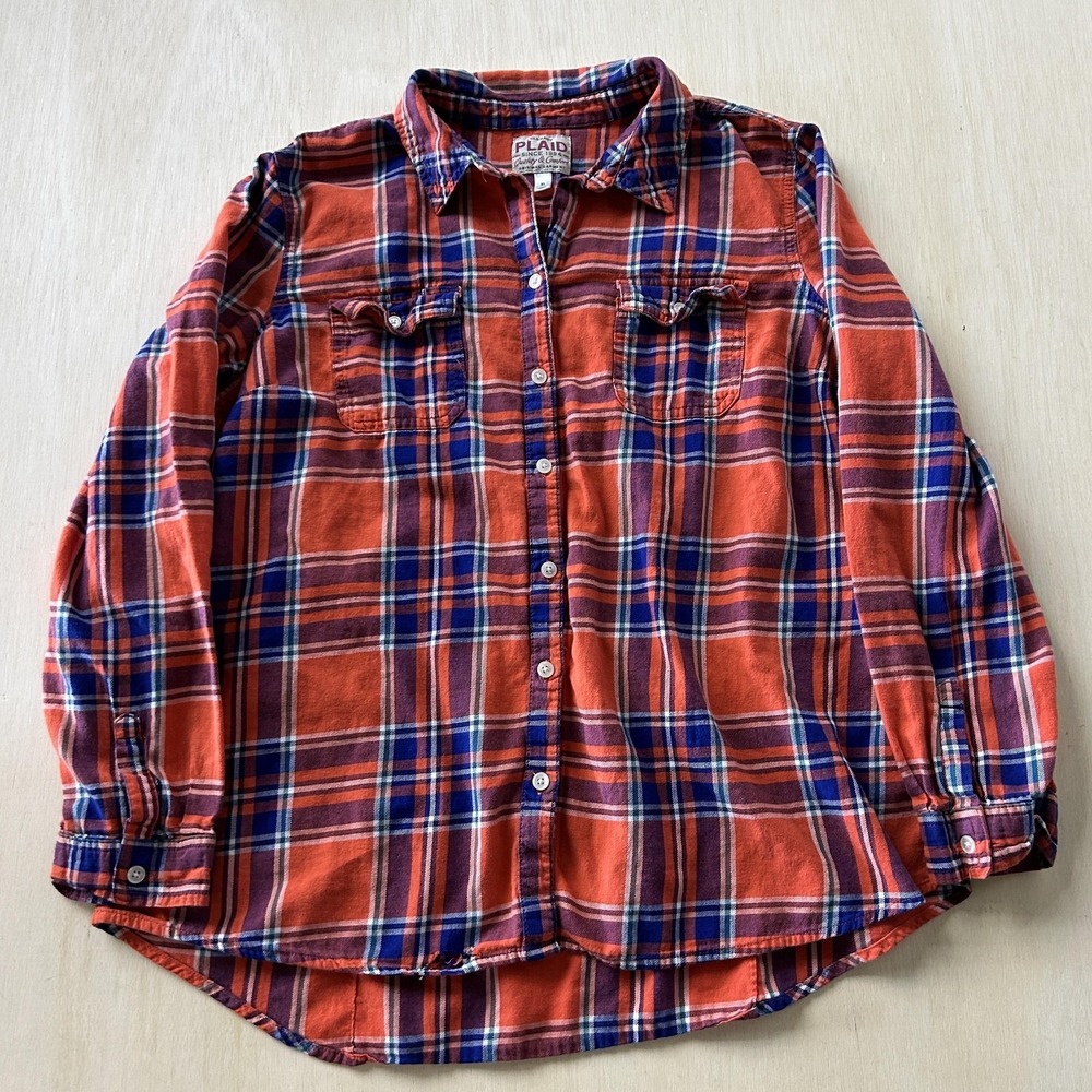 Old Navy Plaid Flannel Shirt Mens XL Orange Blue Long Sleeve Casual Button Up